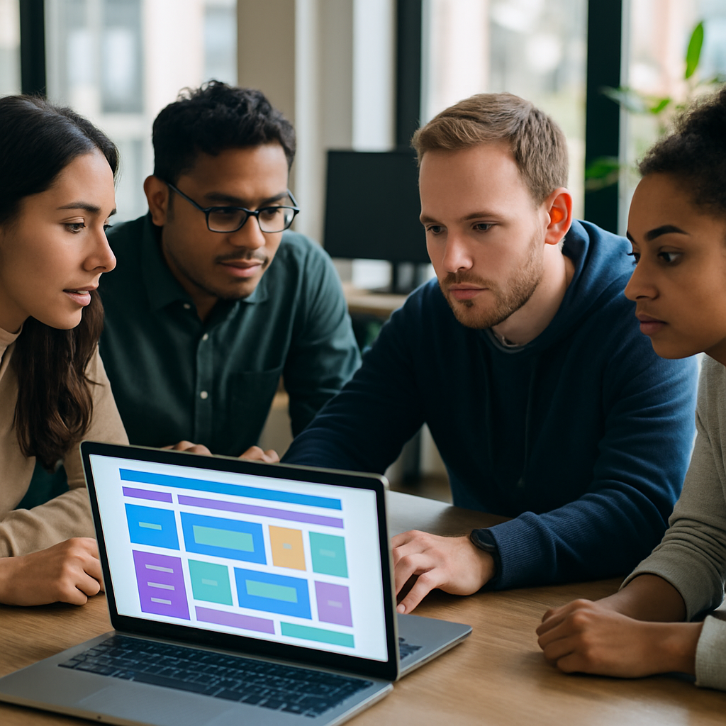 Team of front-end developers collaborating on a user interface project at a modern office desk
