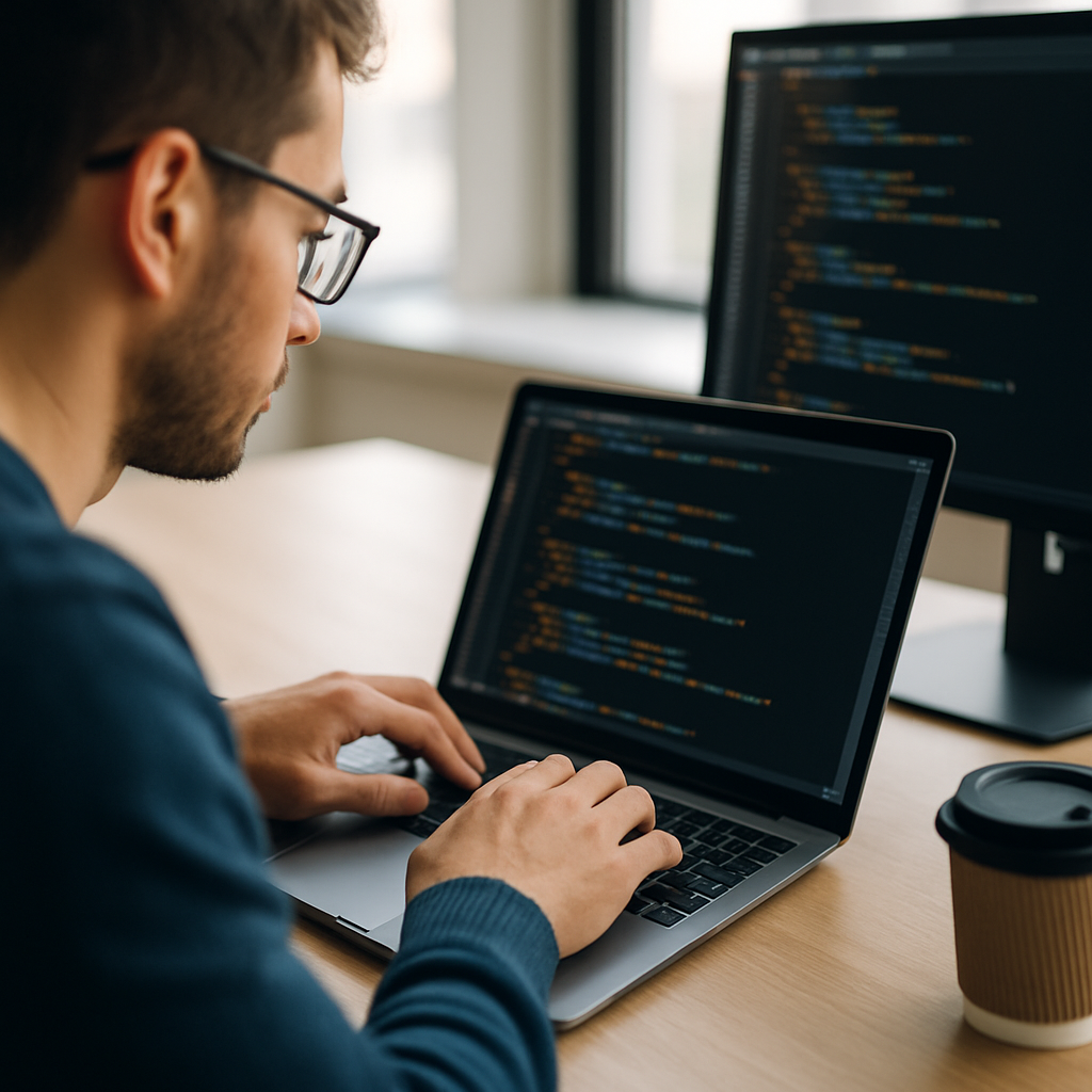 Front-end developer reviewing React component code on a laptop screen