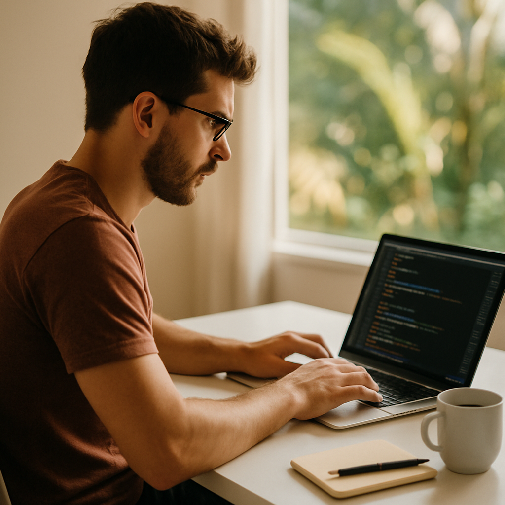 Developer working on a laptop at a bright desk with tropical light in the background