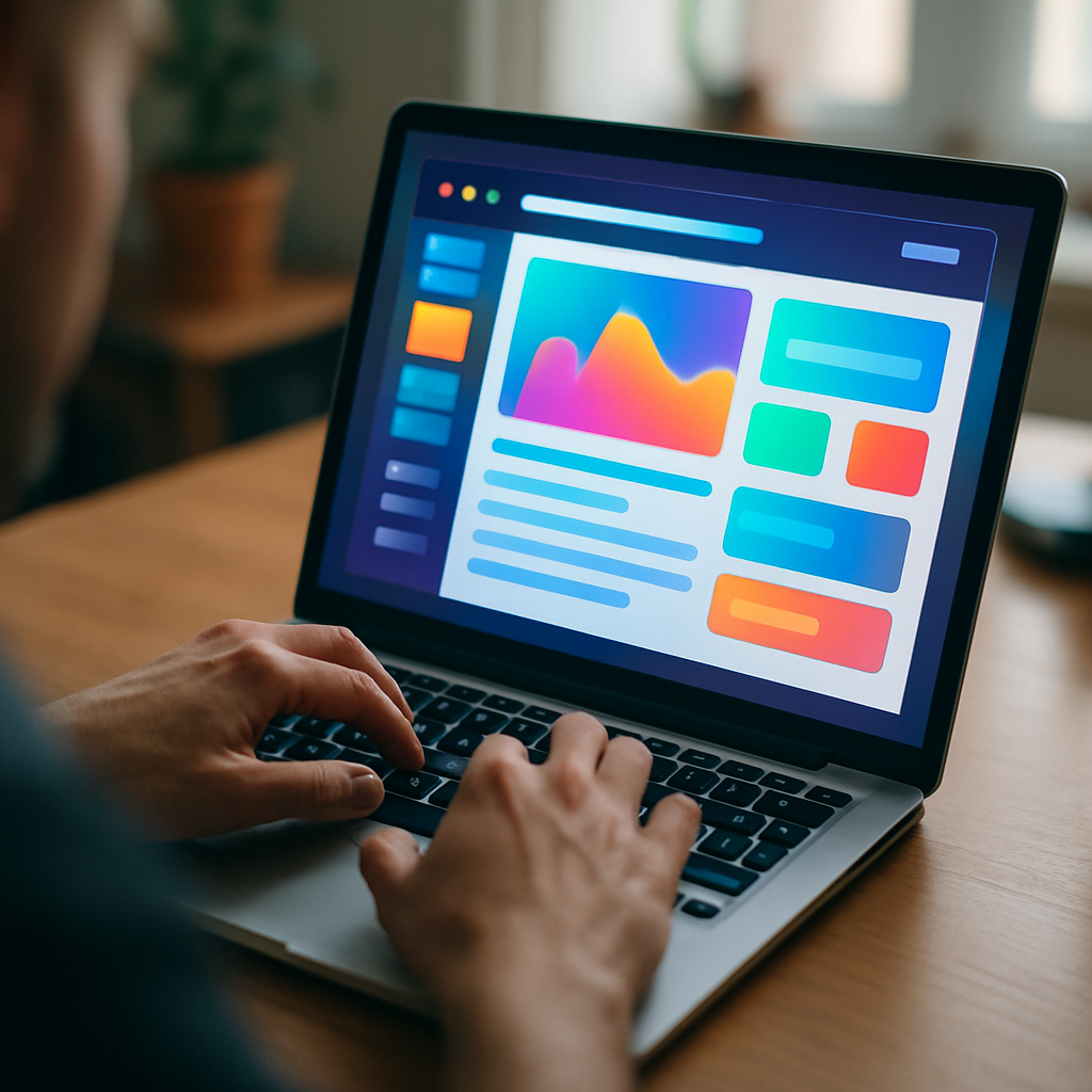Close-up of hands typing on a laptop displaying a colorful web app interface